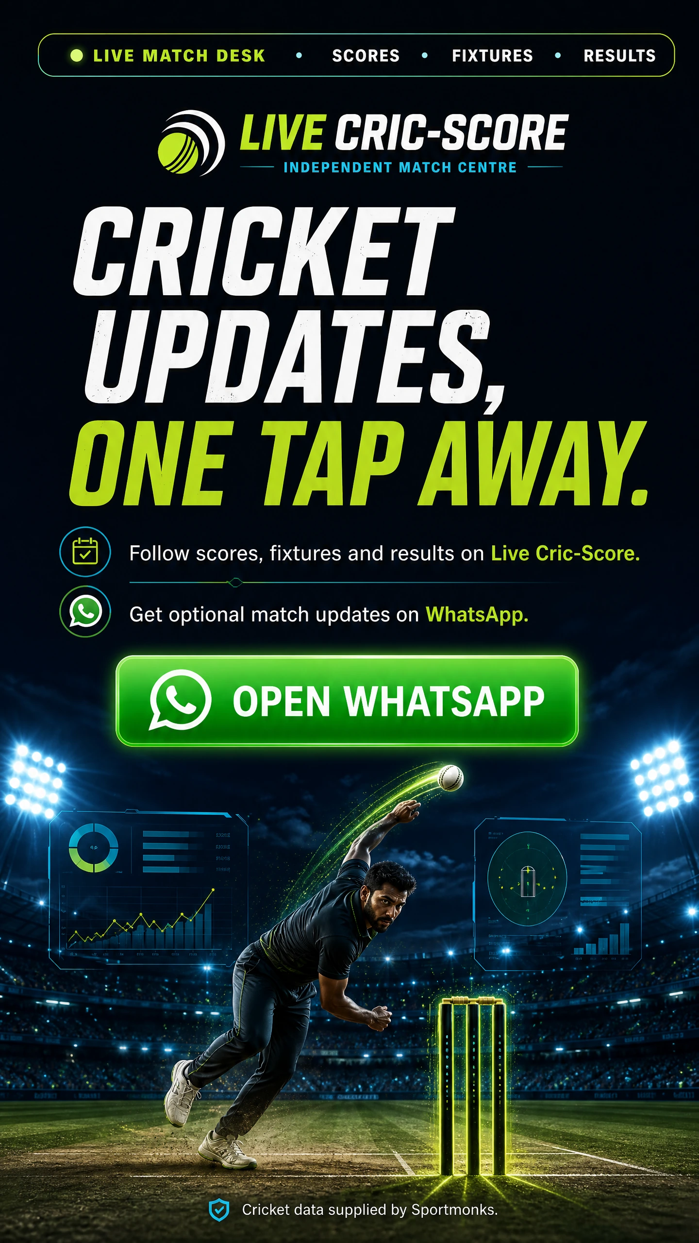 Live Cric-Score Cricket updates campaign banner with an Open WhatsApp call to action