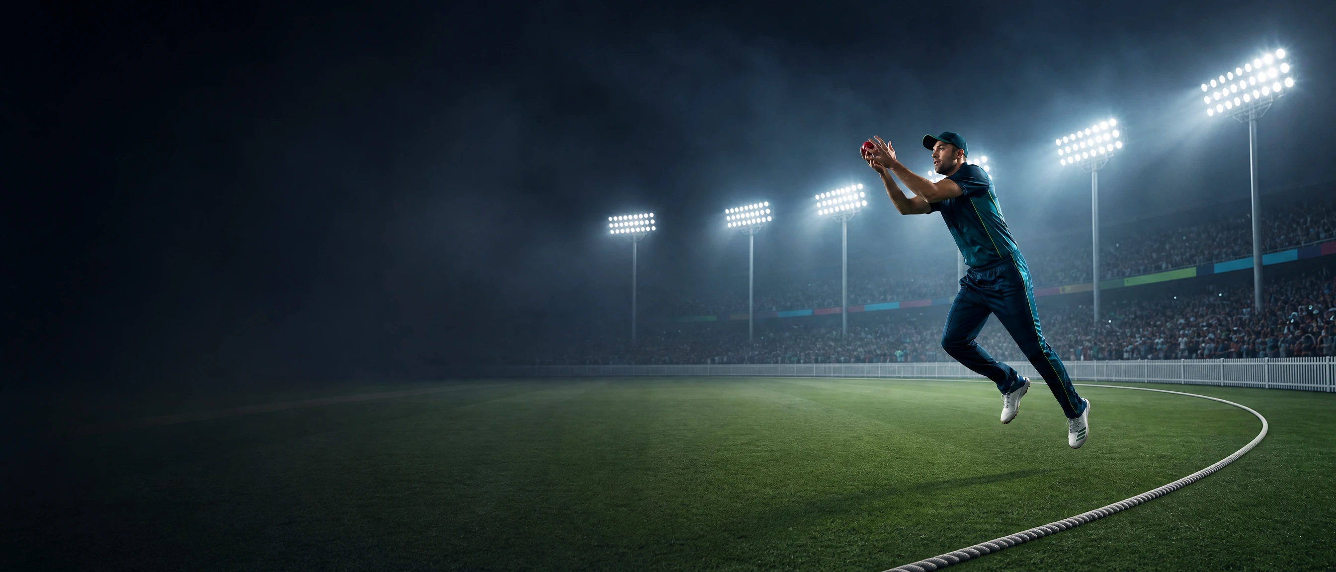 Floodlit cricket ground with ball and wickets