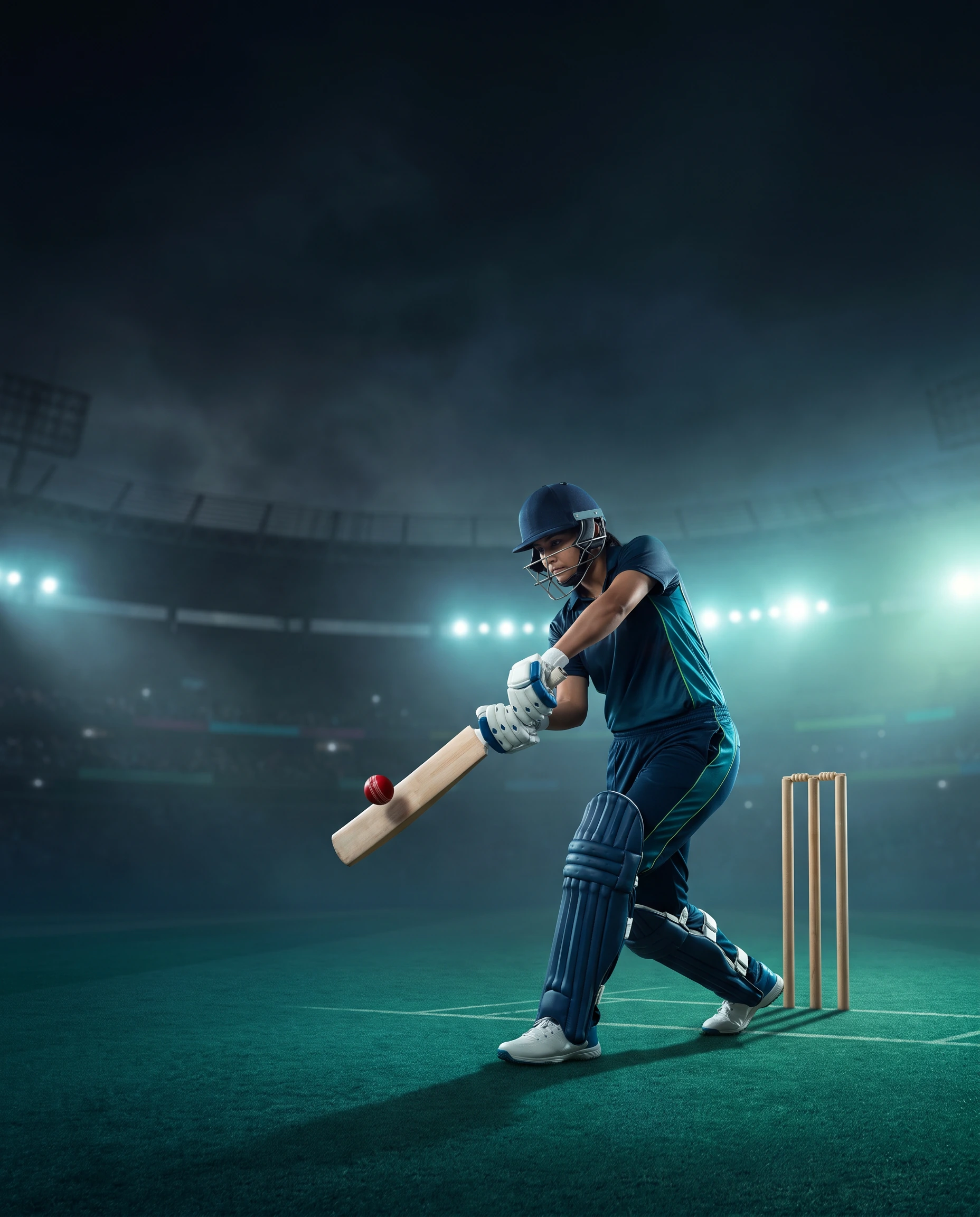 Floodlit cricket ground with ball and wickets